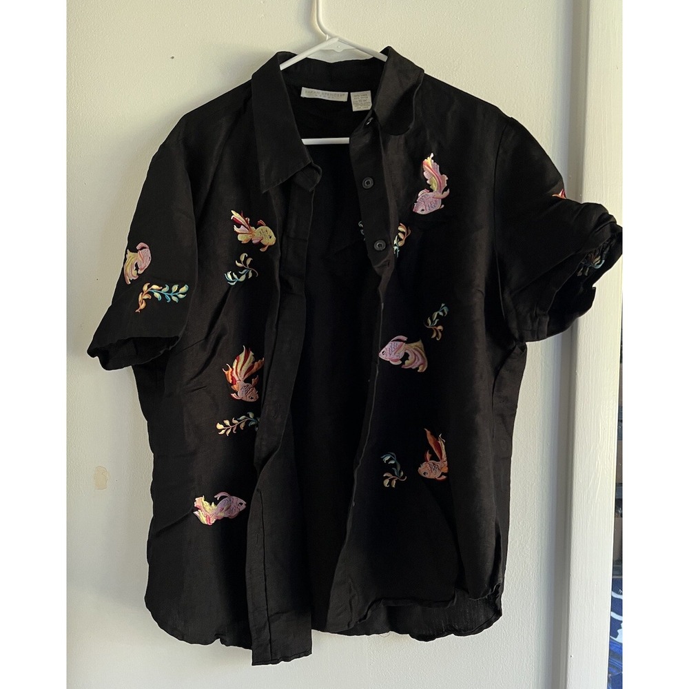 Sarah Spencer Black Linen Blouse Women's 16 Embroidered Artsy Goldfish Colorful - Picture 3 of 16